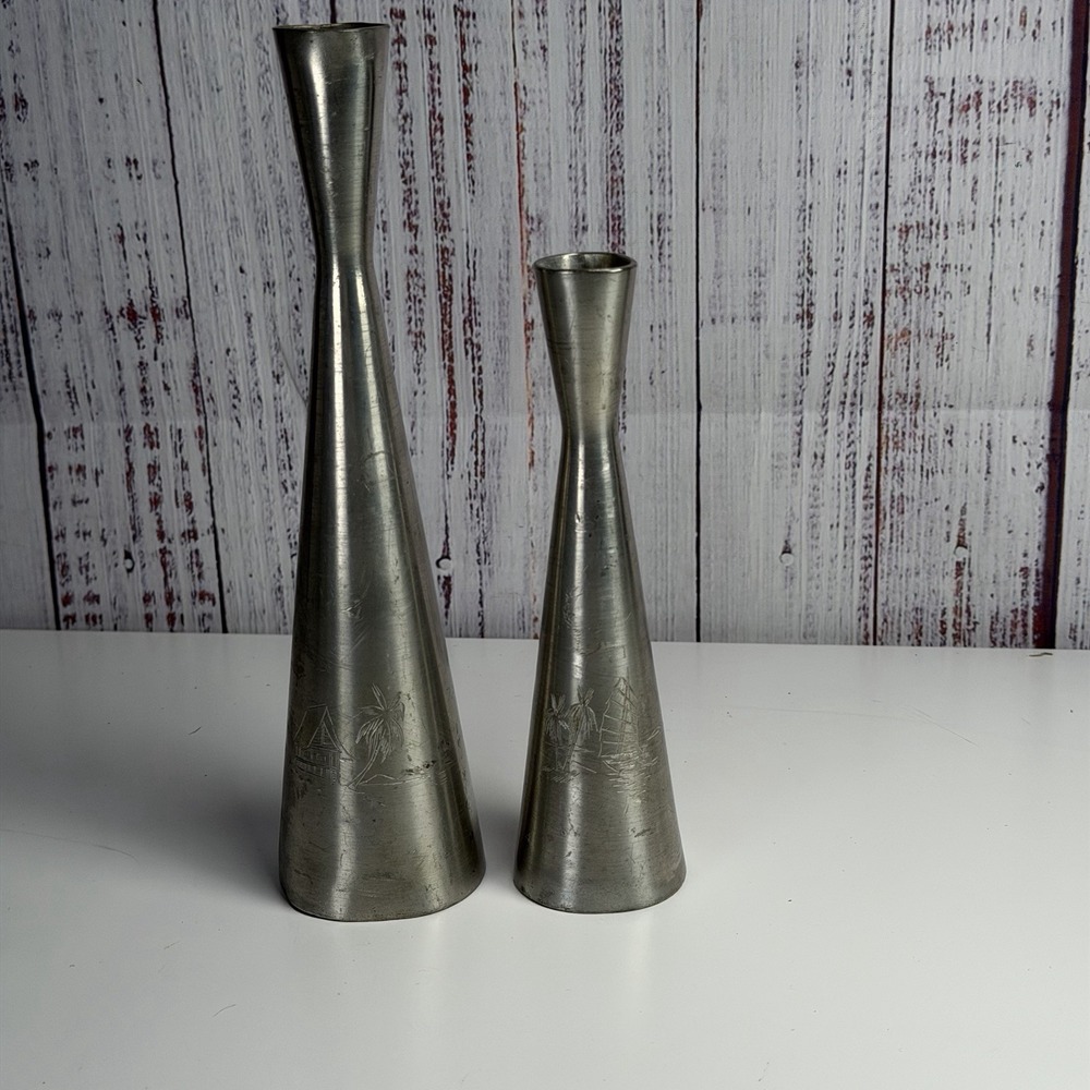 MCM Metal Candle Holders Taper Candlestick Silver Tone Modern Vintage Etched